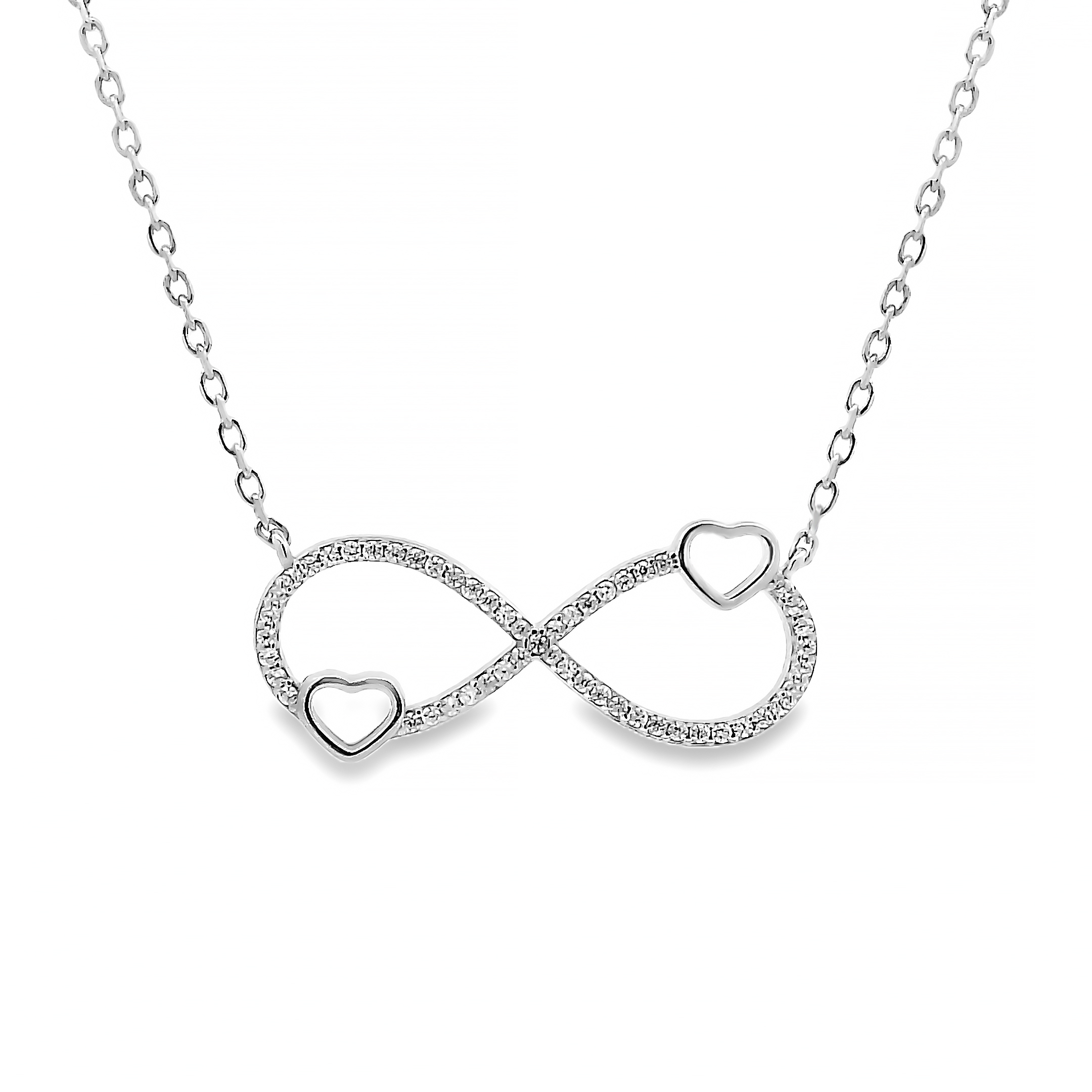 Zilveren (gerhodineerd) infinity met hartjes ketting 25.283
