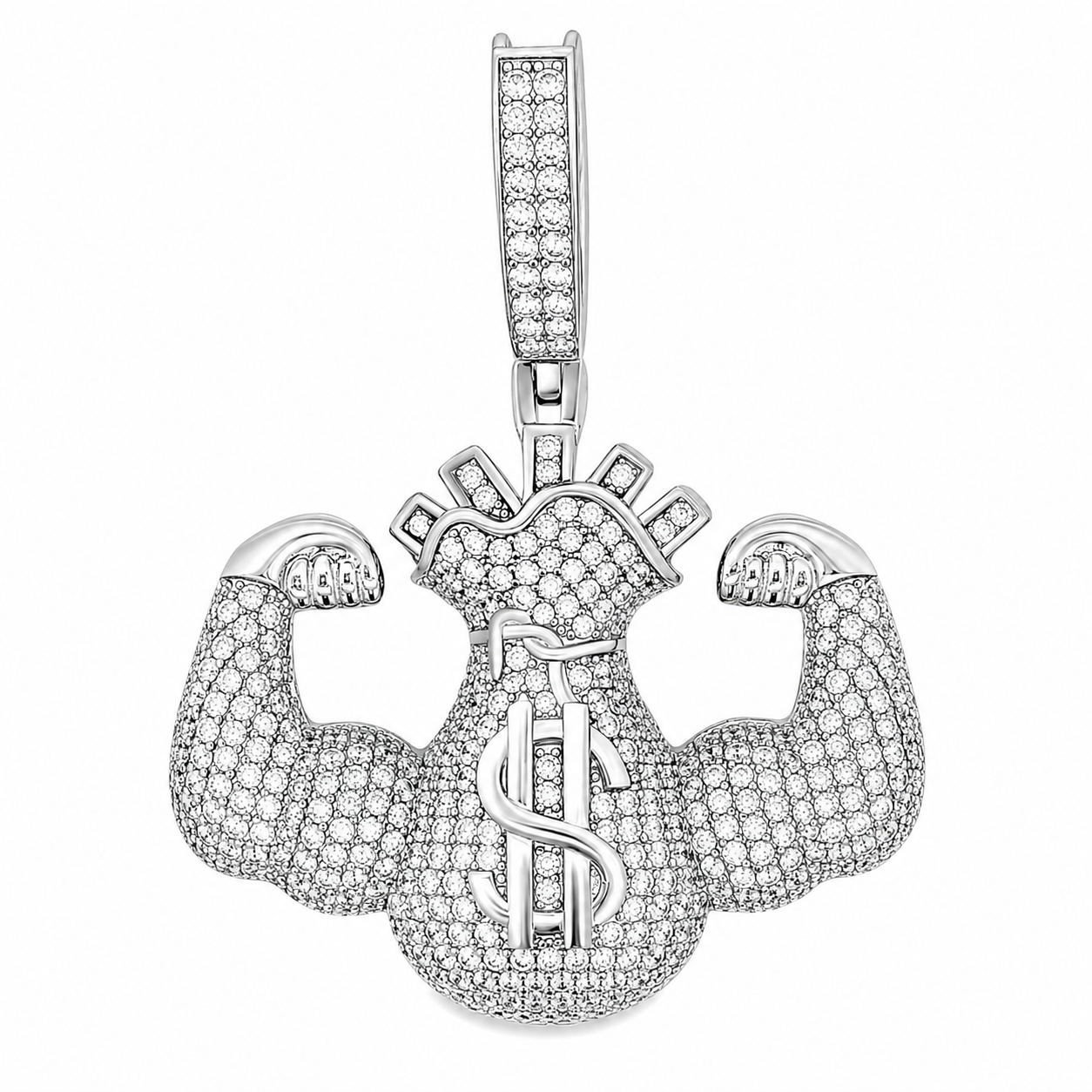 Zilveren (gerhodineerd) moneybag hanger met biceps 24.395